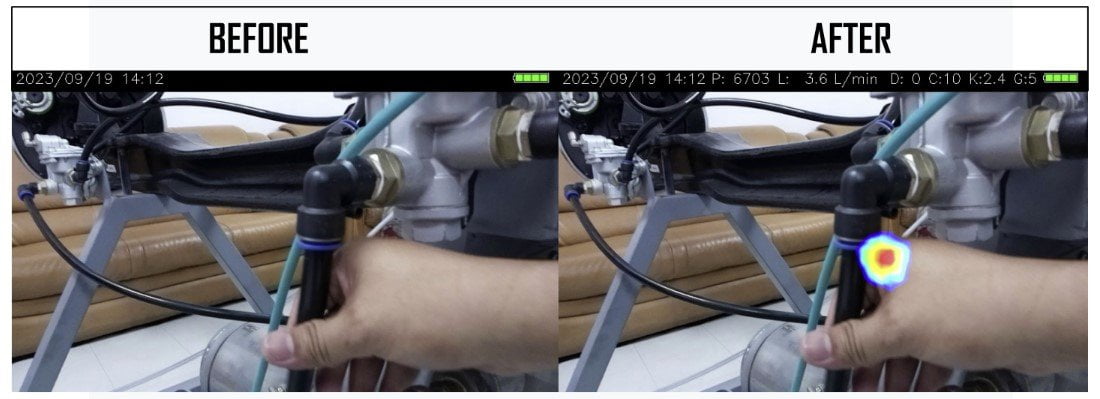 ภาพแสดงการตรวจสอบจุดที่ลมรั่วภายในโรงงาน โดยเครื่องตรวจจับก๊าซรั่ว MK-750st